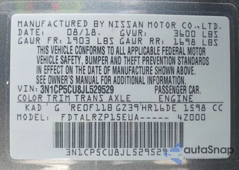 2018 Nissan Kicks S из США, поврежденный, VIN 3N1CP5CU8JL529529